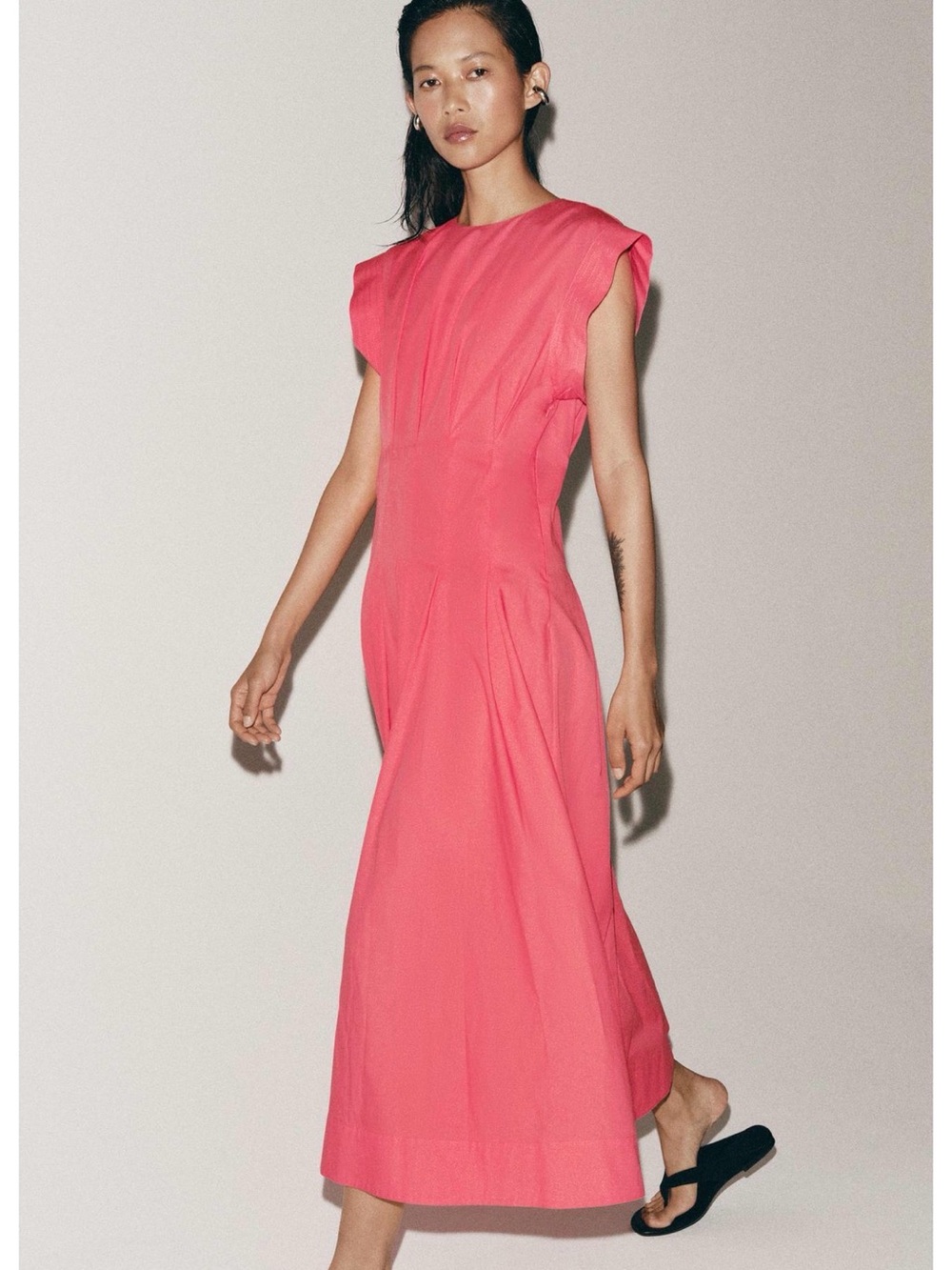 Zara Coral-Pink Midi Dress with Sculpted Seams
